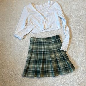 White Crop Top with Plaid Skirt